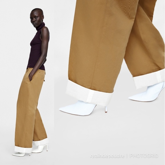 Zara White Wide Cuff Tan Chino Pants Trousers XS - Picture 2 of 4